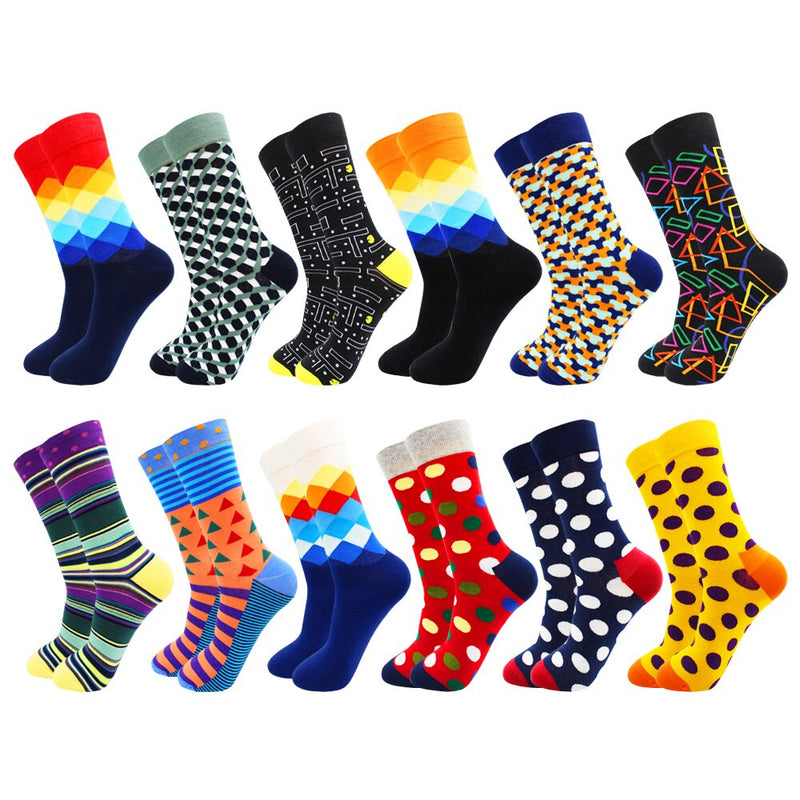 6-12 Pairs Colorful Cotton Fashion Casual Women and Men Funny Socks Stripe Grid Geometry Fun Dress Socks