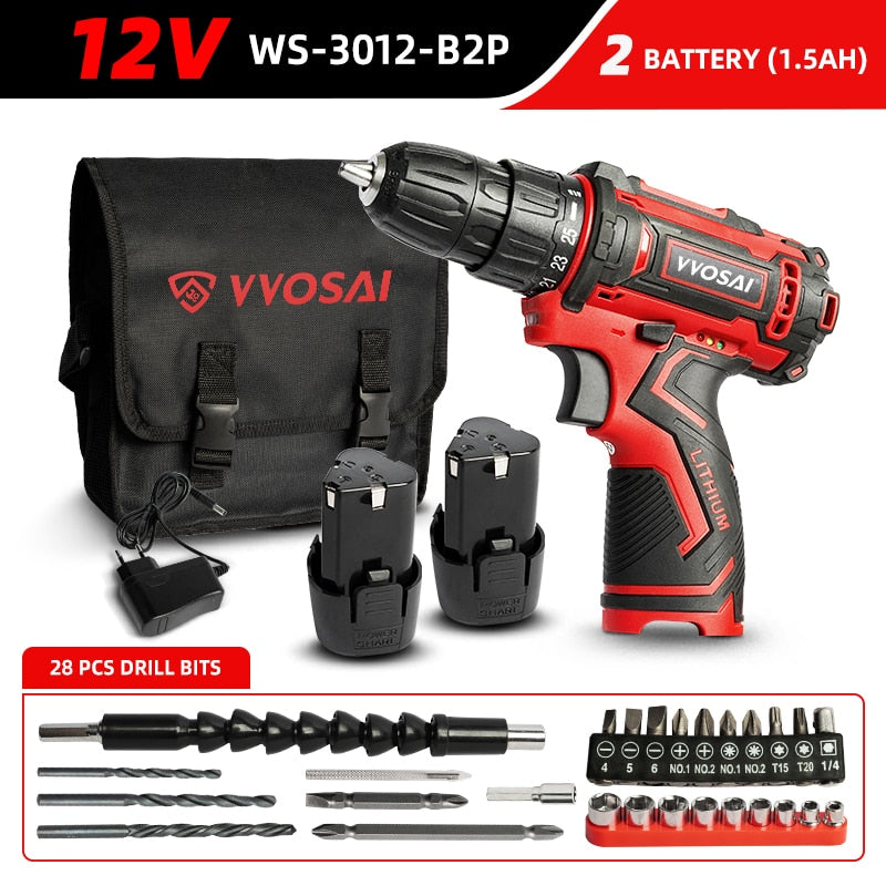 WOSAI 12V 16V 20V Cordless Drill Electric Screwdriver Mini Wireless Power Driver DC Lithium-Ion Battery 3/8-Inch