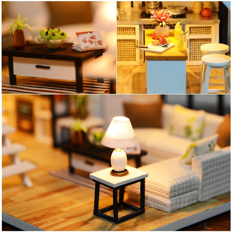 Cutebee, Kit de casa de muñecas DIY, apartamento, Loft, casas de muñecas en miniatura de madera con muebles, luces LED para niños, regalo de cumpleaños