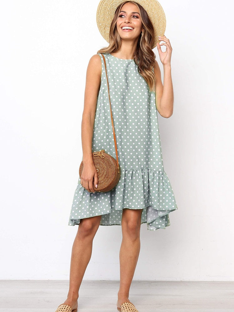 Lossky Women Summer Dress Polka Dot Chiffon Sleeveless Beach Mini Casual Yellow Sundress 2022 Fashion Dress For Women
