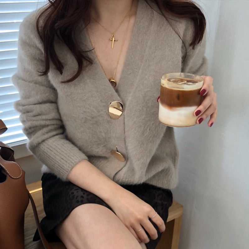 FMFSSOM Golden Shiny Button Single Breasted Woolen Women Cardigans Sweater Casual Female Warm Elegant Autumn Winter