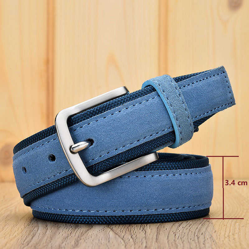 Herren-Wildledergürtel mit Oxford-Geweberiemen, echtes Leder, Luxus-Dornschnalle, blaue Gürtel für Herren, 3,5 cm und 4,0 cm Breite