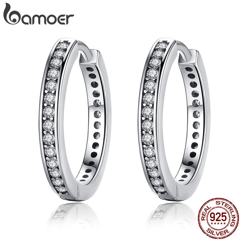 Pendientes de aro femeninos simples de plata de ley 925 CZ de bamoer, joyería para mujer, joyería de plata de ley PAS456