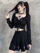 InsGoth Bandage Bodycon Langarm Crop Tops Damen Schwarz V-Ausschnitt Streetwear Punk Slim Tops Herbst Gothic Harajuku Top