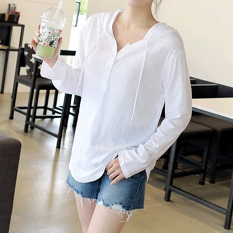 S-2XL Bamboo Cotton Oversize Hoodie White T Shirt Women Hooded Long Sleeve T Shirts white Casual Female Tee Tops Maxi Summer