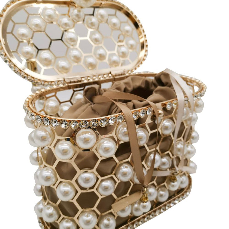 Boutique De FGG Pearl Beaded Evening Bucket Clutch Bag Women Luxury Rhinestone Shoulder Bag Party Purse Ladies Diamond Handbags