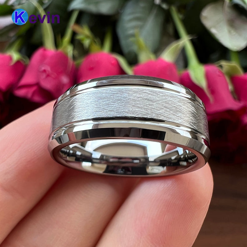 Männer Frauen Wolfram Ehering Ring mit abgeschrägter Bürste Groove Finish 8 mm Comfort Fit