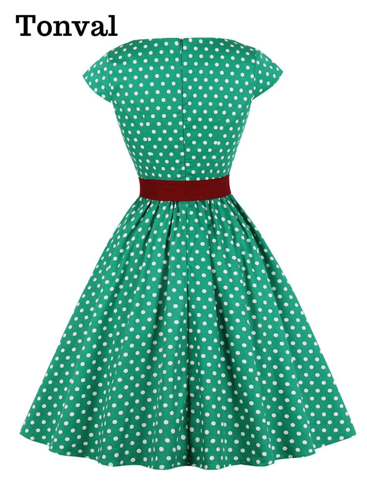 Tonval Green Retro Polka Dot 1950er Rockabilly Plissee Belted Dress Cap Ärmel Sommer Damen High Waist Vintage Kleider