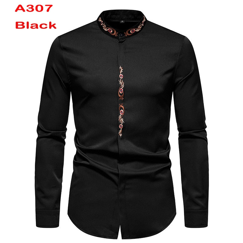 Camisas de vestir azul real para hombre, camisa de cuello mandarín con bandas de marca 2022, camisa informal de manga larga con botones y bolsillo 2XL para hombre