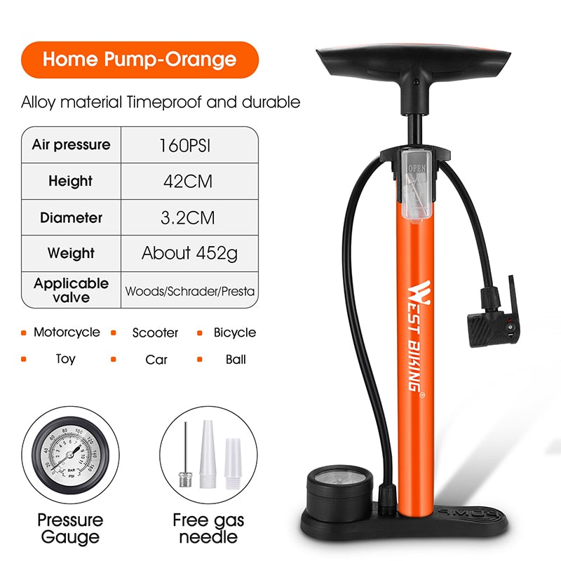 WEST BIKING Bike Floor Pump 120/160PSI High Pressure Cycling Pump Air Inflator Schrader Presta Valve Road MTB Bicycle Tire Pump