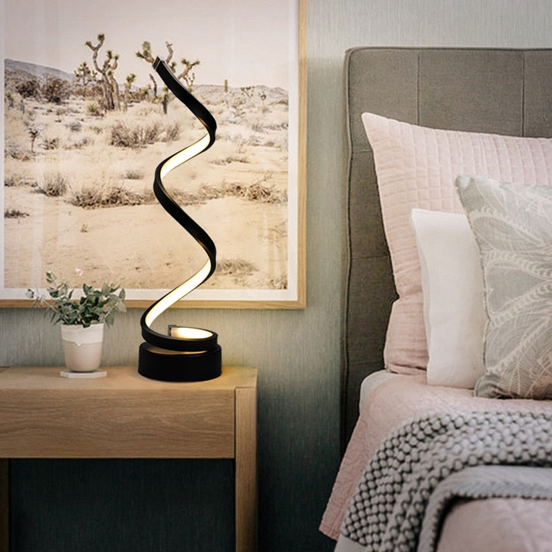 Lámpara de mesa en espiral LED moderna, lámpara de mesita de noche de escritorio curvada, luz blanca fría cálida para sala de estar, dormitorio, luz de lectura