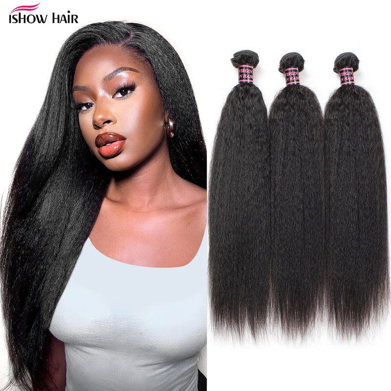 Ishow Peruvian Kinky Straight Hair Weave Bundles 8A Grade Human Hair Bundles Yaki Human Hair Extension Natural Black Color