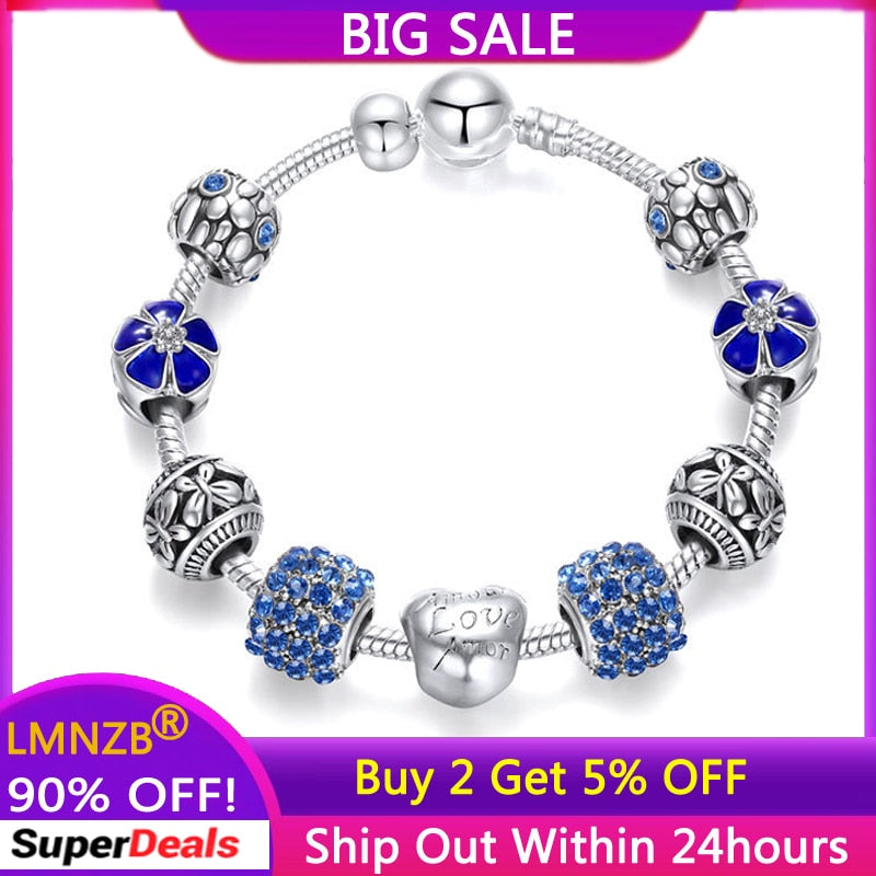 LMNZB NEW Trendy Tibetan Silver Four Leaf Clover Bracelet With Crystal Beads Charm Bracelet Bangle For Women DIY Jewelry