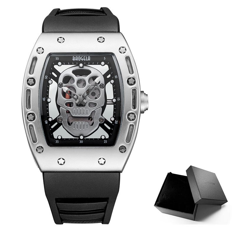 Baogela Moda Hombre Esqueleto Calavera Relojes de cuarzo luminosos Estilo militar Negro Silicona Rectángulo Dial Reloj de pulsera para Man1612