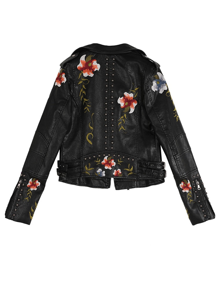 Ftlzz Women Floral Print Embroidery Faux Soft Leather Jacket Coat  Turn-down Collar Casual Pu Motorcycle Black Punk Outerwear