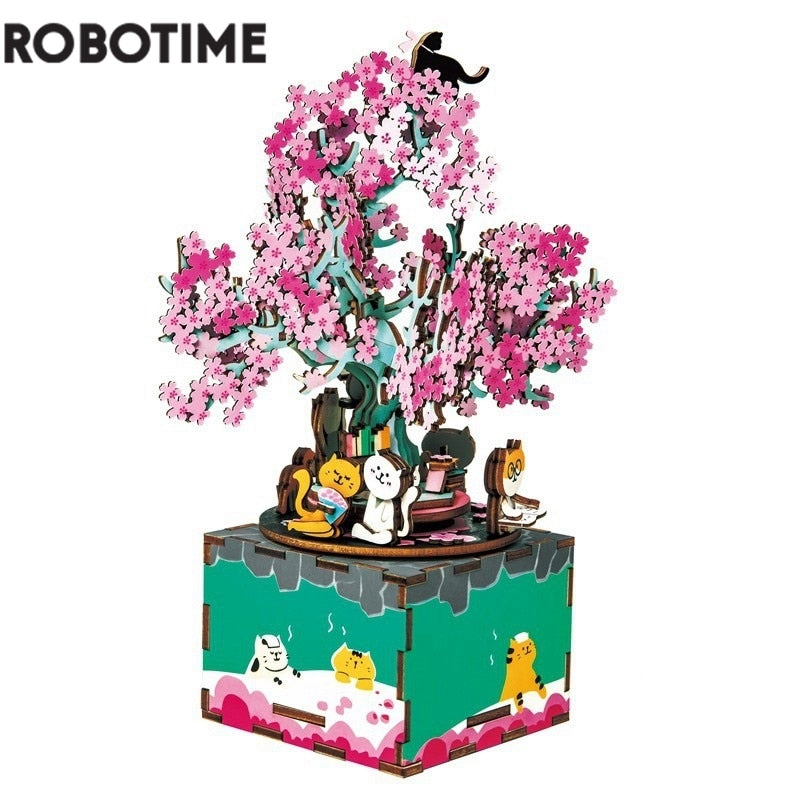 Robotime 148 stücke Drehbare DIY 3D Kirschbaum Katze Holzpuzzle Spiel Montage Spieluhr Spielzeug Geschenk für Kinder Kinder Erwachsene AM409