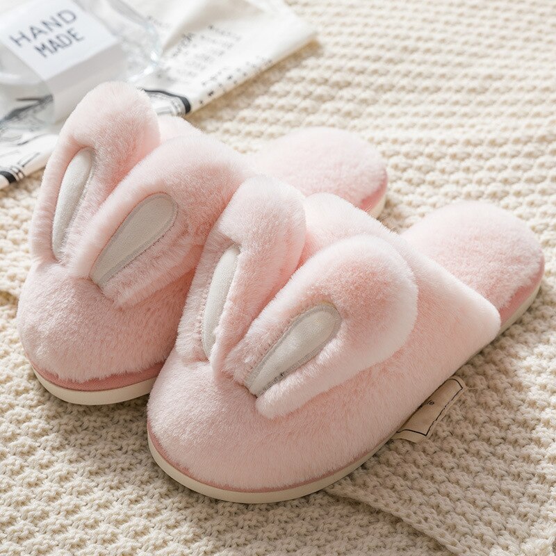 2022 NEW Design Women Winter Furry Slippers Rabbit Ears Couple House Shoes Warm Solid Color Versatile Slippers Chinelos Planos
