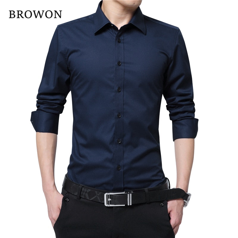 BROWON Men Fashion Blouse Shirt Long Sleeve Business Social Shirt Solid Color Turn-neck Plus Size Work Blouse Brand Clothes