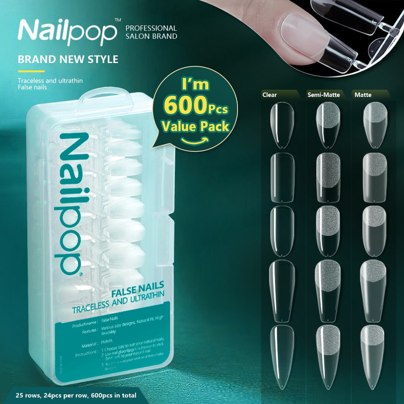 Nailpop 600 uds PRO uñas postizas semimate almendra ataúd completo/medio acrílico cuadrado puntas de uñas postizas para punta de extensión herramienta de manicura