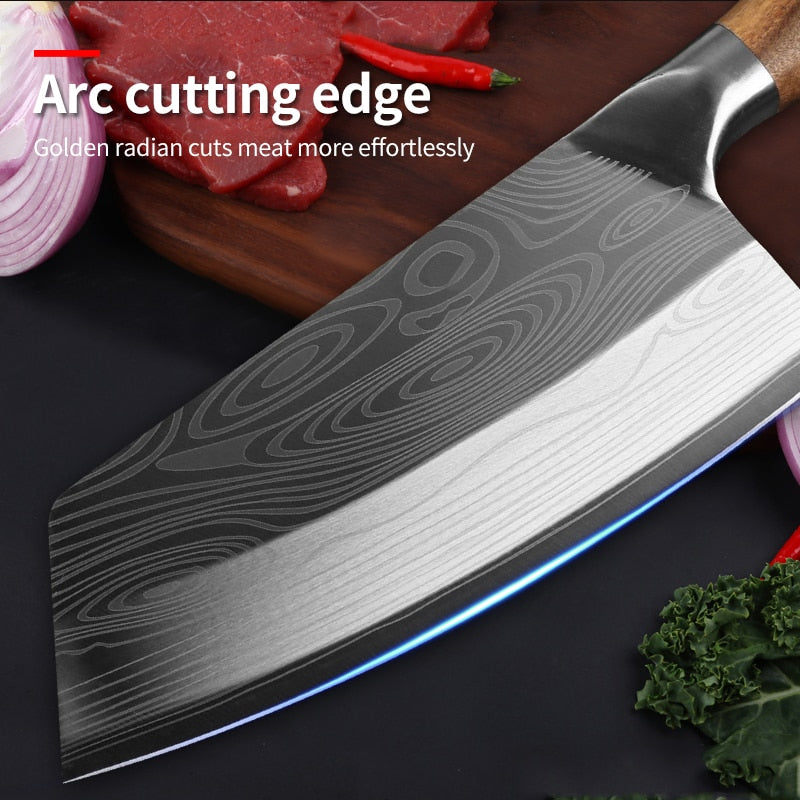 Kitchen Knife Damascus Laser Pattern Chinese Chef Knife Stainless Steel Butcher Meat Chopping Cleaver Knife Vegetable Cutter