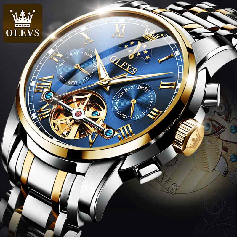 Reloj OLEVS para hombre, reloj mecánico automático, reloj de pulsera Stianless de la mejor marca, reloj de pulsera de lujo moon phaseTourbillon, regalos para hombre