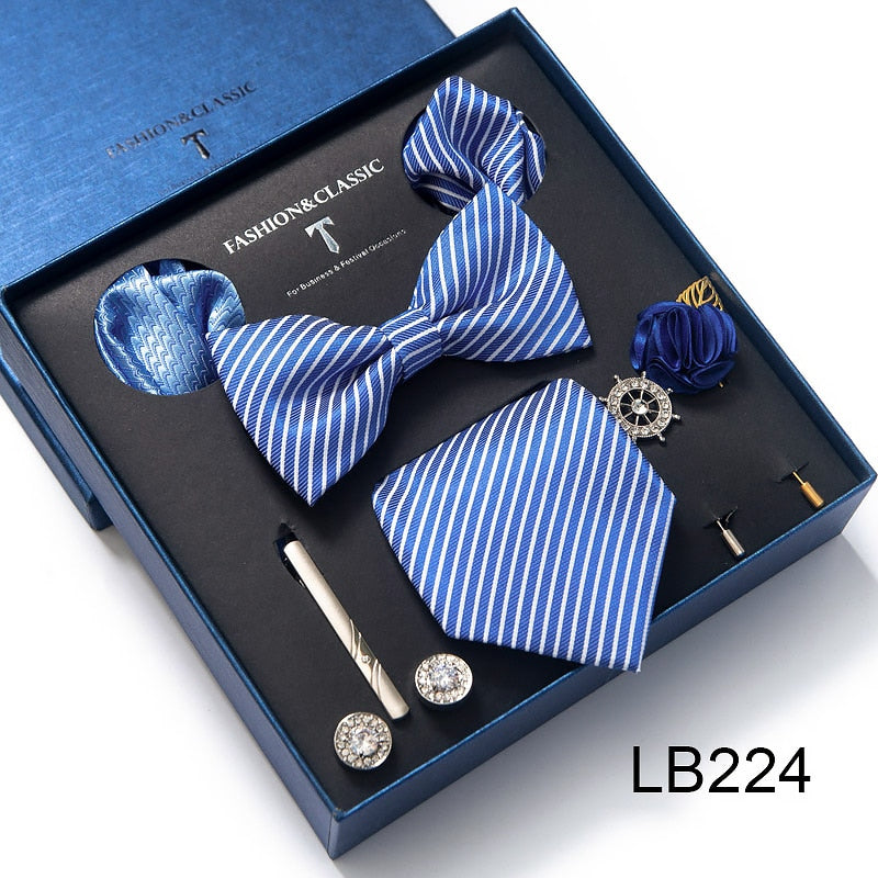 Envío Gratis, conjunto de corbata para hombre, caja de regalo de lujo, conjunto de corbata de seda, 8 Uds., embalaje interior, regalo festivo, pañuelos de bolsillo