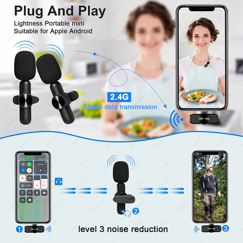 Micrófono Lavalier inalámbrico Mini micrófono portátil Reducción de ruido Grabación de audio y video para iPhone Android Gaming Live Broadcast