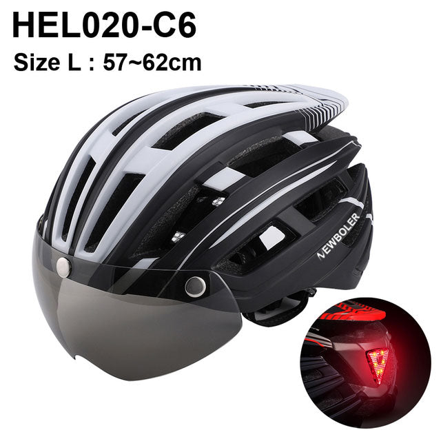 Casco de ciclismo NEWBOLER para hombre y mujer, casco con luz LED, lente para casco de bicicleta de montaña y carretera para montar en bicicleta, deportes, monopatín, Scooter