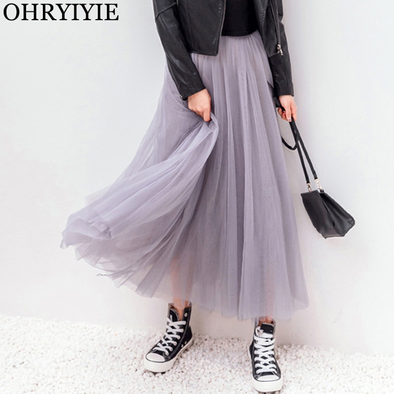 OHRYIYIE 2023 Spring Summer Vintage Long Tulle Skirt Women Elastic High Waist Mesh Skirts Pleated Tutu Skirt Female Jupe Longue