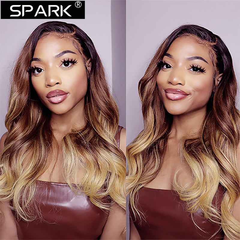 SPARK Ombre Highlight Body Wave 4x4 Lace Closure Wig 30 32Inch 180%Density Brazilian Wavy 13x4Lace Frontal Human Hair Wigs Remy