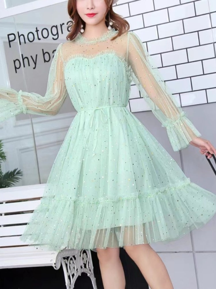 2022 neue weibliche Oansatz Sterne Pailletten Mesh Shiny Fairy Kleid Frauen elegante Bling Gaze Prinzessin Puff Kleider Vestidos De Fiesta