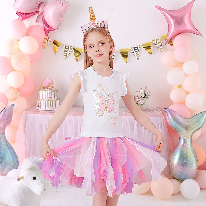 DXTON Mädchen Kleidung für Sommer Prinzessin Kleider Kinder Flare Ärmel Einhorn Druck Kleid Mädchen Party Kleider Kinder Kleidung 3-8 Jahre