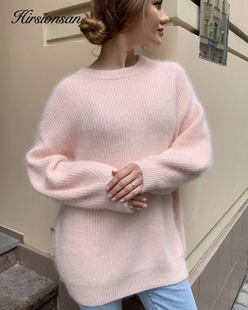 Hirsionsan Soft Loose Knitted Cashmere Sweaters Women 2021 New Winter Loose Solid Female Pullovers Warm Basic Knitwear Jumper