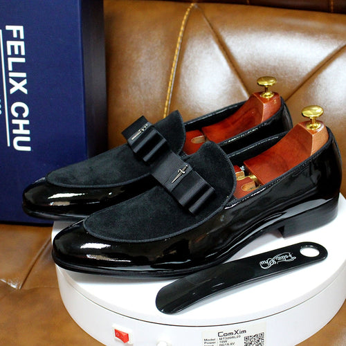 Handmade Genuine Patent Leather and Cow Suede Patchwork with Bow Tie Men Wedding Black Dress Shoes Mens Banquet Loafers Blue Red
