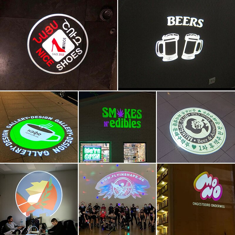 Proyección de logotipo Led Aviso publicitario personalizado Restaurante Imagen de bienvenida Signo Precaución Proyector Gobo de luz Led rotativa para exteriores