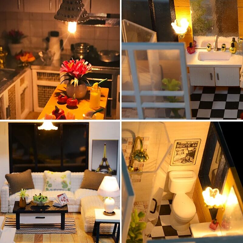Cutebee DIY Dollhouse Kit Apartment Loft Miniatur-Puppenhäuser aus Holz mit Möbel-LED-Leuchten für Kindergeburtstagsgeschenk