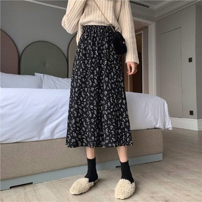 2023 Spring Vintage Floral Print Ruffle Pleated Long Skirts Women Korean Skirt Streetwear Drawstring Elastic Waist Midi Skirt