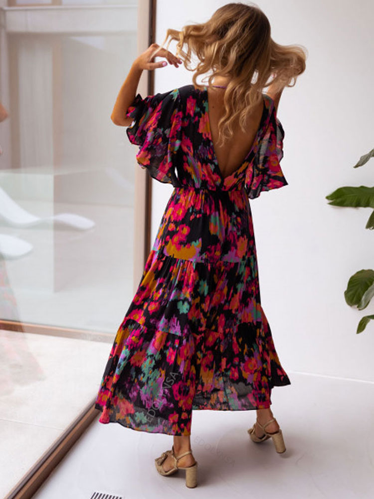 2023 Boho Floral Printed V-neck Short Sleeve Self Belted Cotton Dress Tunic Women Summer Clothes Street Wear Maxi Dresses A1341