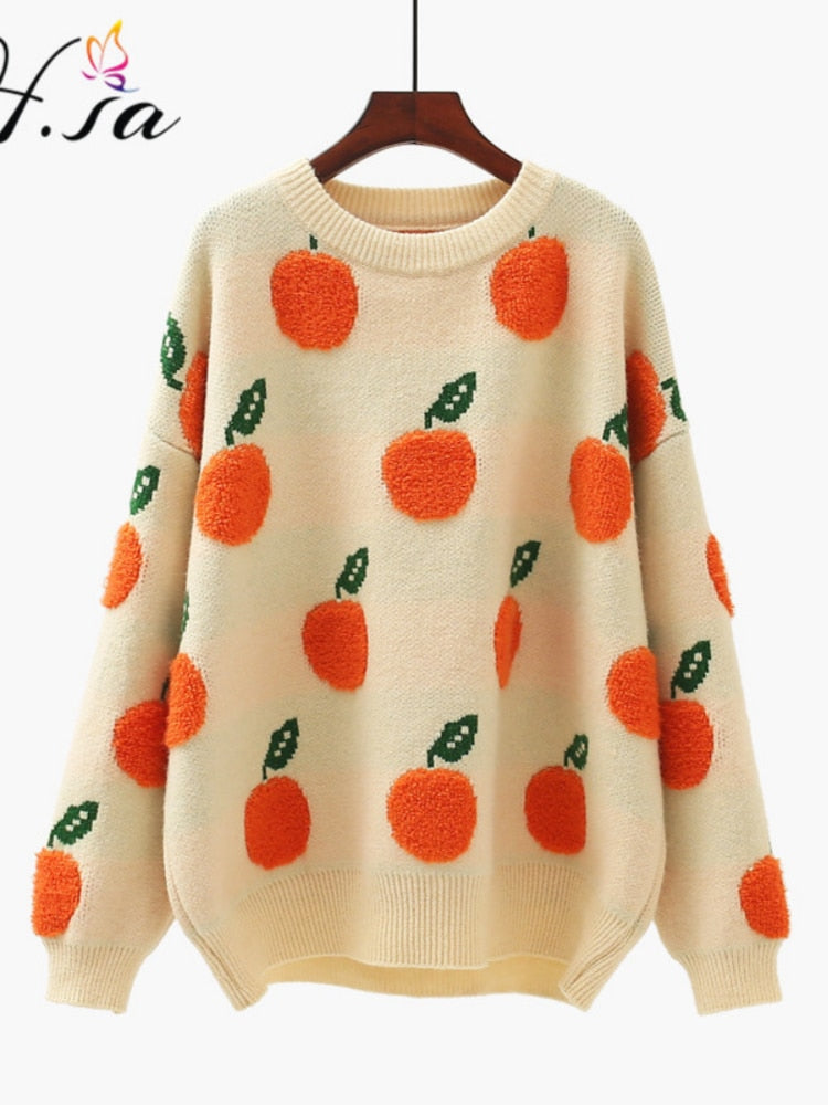 H.SA 2022, suéter de invierno, suéter para mujer, lindo suéter de frutas, jerséis, jerséis con estampado de manzana naranja, Tops coreanos, jerséis de gran tamaño