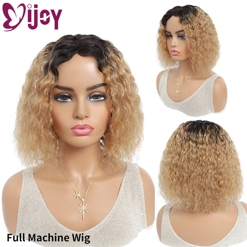 Short Bob Kinky Curly Wigs Brazilian Natural Human Hair Wigs For Black Women Middle Part Full Machine Made Wig Non-Remy IJOY