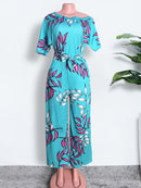 Summer Printed Jumpsuits Irregular Shoulder Sleeves with Sashes Wide Leg Women Floral Vacation Overall Female Bodysuit Big Size