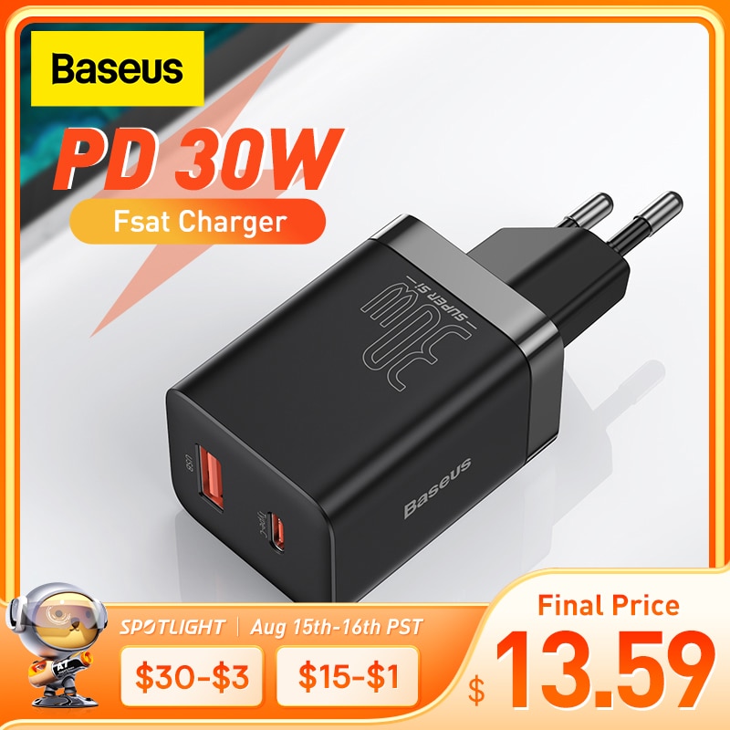 Baseus PD Charger 30W USB Type C Fast Charger QC3.0 USB C Quick Charge 3.0 Dual Port Phone Charge for iPhone 13 X Xs 8 Macbook