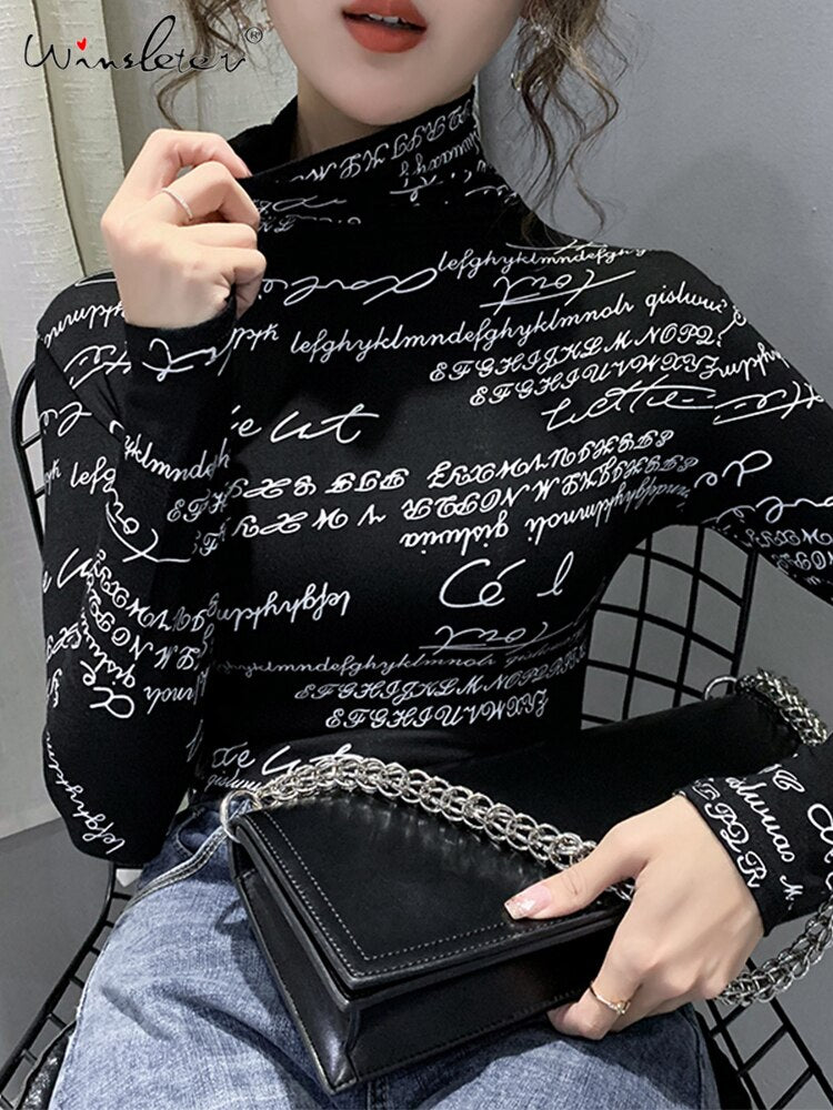 Fast Ship Vintage Print Tops Letters Doodle T-shirt Women Turtleneck Long Sleeve Slim Stretchy Tee Casual Women Clothing Spring