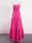 Tops cortos sin tirantes y una línea de falda de cintura alta para mujer Ropa de verano sin mangas plisada con volantes