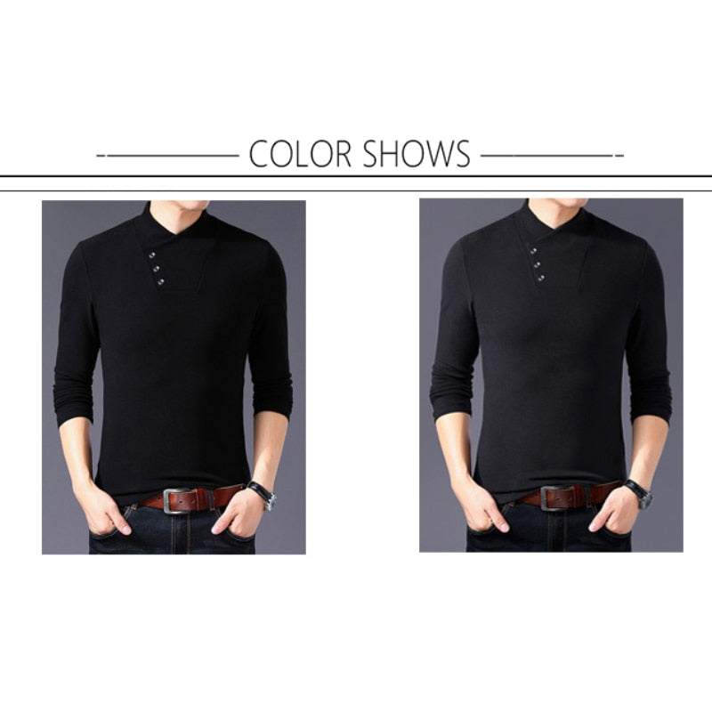 BROWON Spring Fashion Slim Fit T Shirt Men Cotton Tshirt Men Long Sleeve Irregular Collar Solid Color Men Clothes 2022