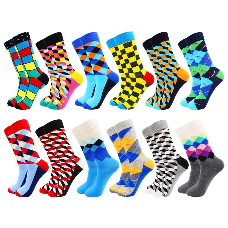 6-12 Pairs Colorful Cotton Fashion Casual Women and Men Funny Socks Stripe Grid Geometry Fun Dress Socks