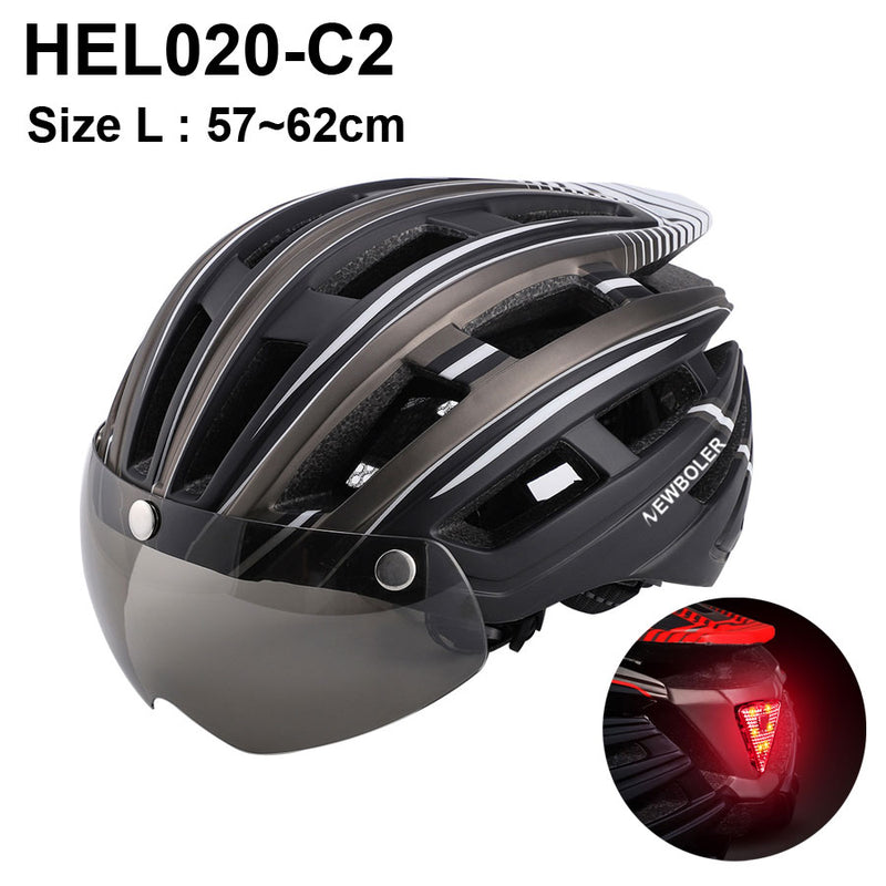 Casco de ciclismo NEWBOLER para hombre y mujer, casco con luz LED, lente para casco de bicicleta de montaña y carretera para montar en bicicleta, deportes, monopatín, Scooter