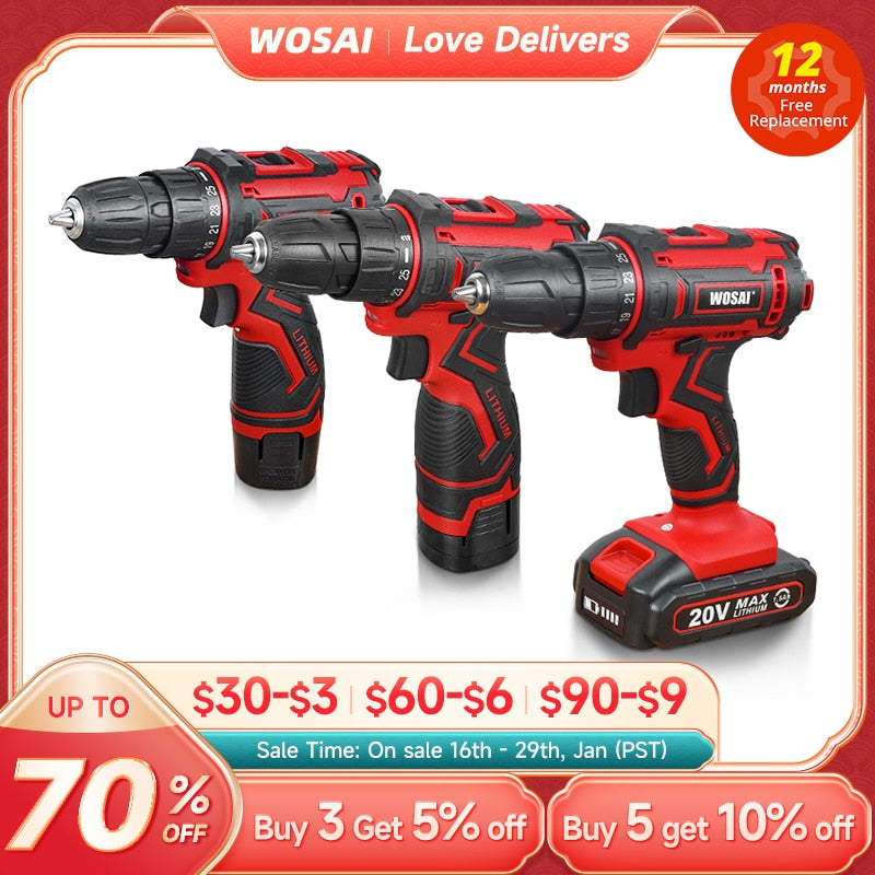 WOSAI 12V 16V 20V Cordless Drill Electric Screwdriver Mini Wireless Power Driver DC Lithium-Ion Battery 3/8-Inch