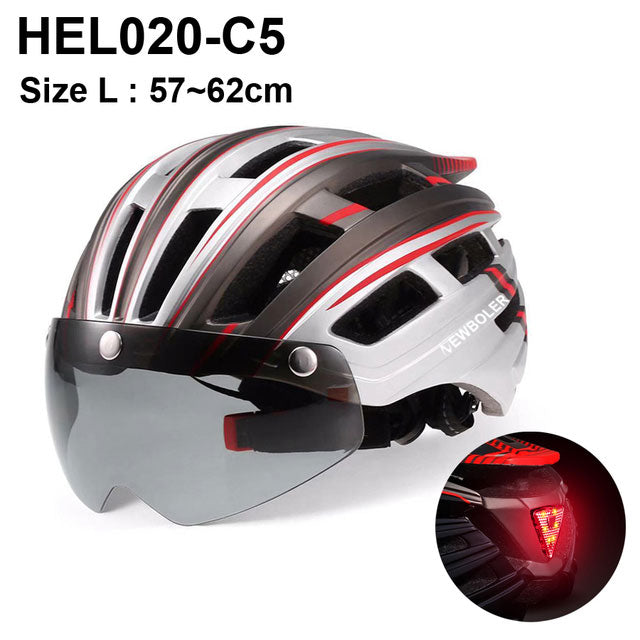 Casco de ciclismo NEWBOLER para hombre y mujer, casco con luz LED, lente para casco de bicicleta de montaña y carretera para montar en bicicleta, deportes, monopatín, Scooter