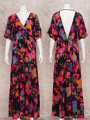 2023 Boho Floral Printed V-neck Short Sleeve Self Belted Cotton Dress Tunic Women Summer Clothes Street Wear Maxi Dresses A1341